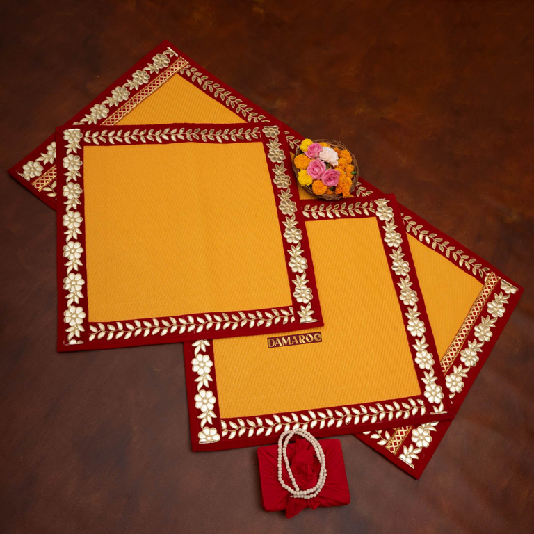 Damaroo Combo Pack of 3 | Classic Nylon Pooja Aasan & Mat | Red Gotapatti Border - Mango Yellow - 2x2 ft & 2x4 ft