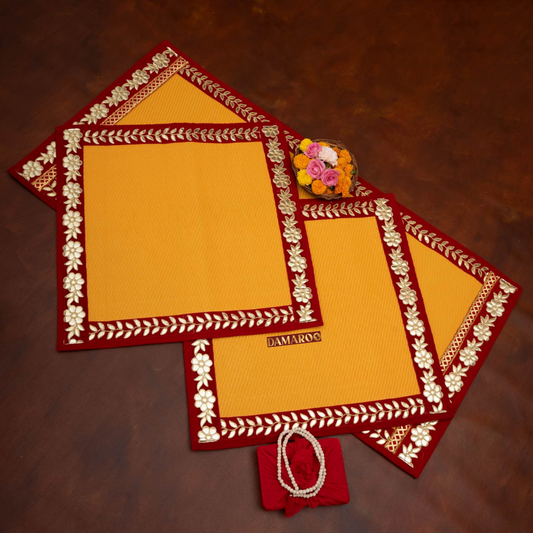 Damaroo Combo Pack of 3 | Classic Nylon Pooja Aasan & Mat | Red Gotapatti Border - Mango Yellow - 2x2 ft & 2x4 ft