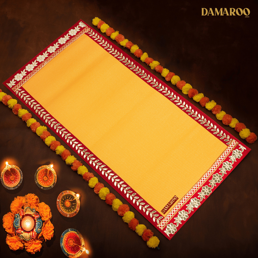 Damaroo 2x4 ft | Classic Nylon Pooja Couple Mat | Red Gotapatti Border - Mango Yellow - 2x4 ft - 24 x 48 inch