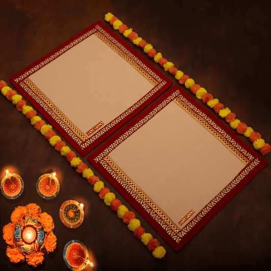 Damaroo Set of 2 | 2x2 ft | Exquisite Nylon Pooja Aasan | Red Sequins Border - Peach - 2x2 ft - 24x24 inch
