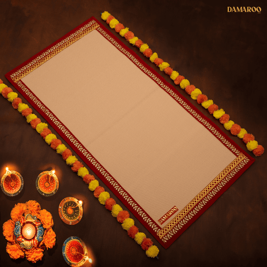 Damaroo 2x4 ft | Exquisite Nylon Pooja Mat | Red Sequins Border - Peach - 2x4 ft - 24 x 48 inch