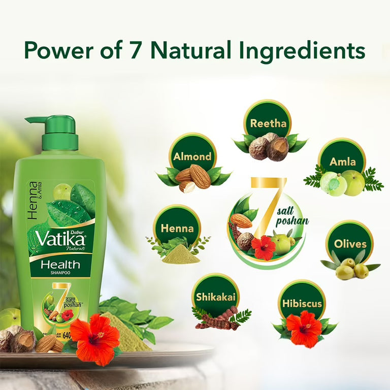 Dabur Vatika Health Shampoo For Smooth, Shiny & Nourished Hair, Repairs Hair damage, Controls Frizz, For All Hair Types - 340 ml