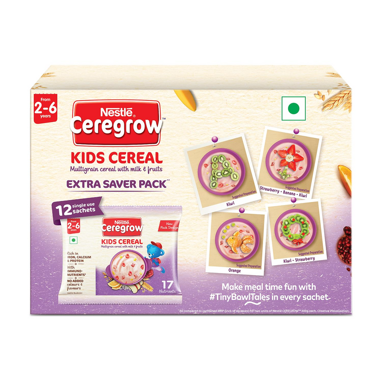 Nestle Ceregrow Kids (2-6 yrs) Cereal-Multigrain, Milk & Fruits, Rich in Iron, Calcium & Protein - 300 gm - Pack of 1
