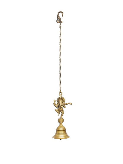 eCraftIndia Golden Brass Dancing Ganesha Idol Wall Hanging Bell With Chain