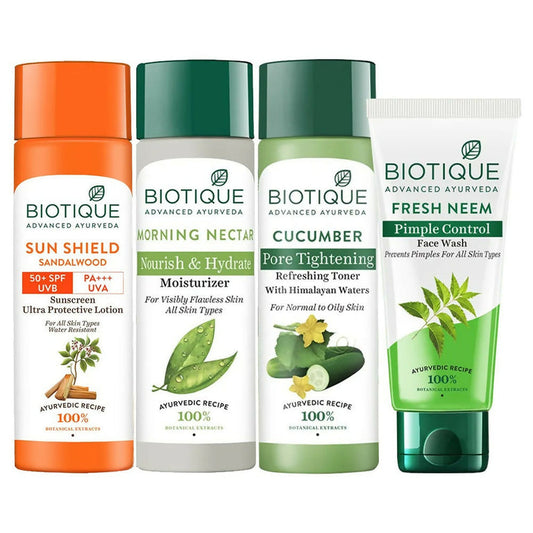 Biotique Skincare Routine Cleanser, Toner, Moisturizer & Sunscreen Combo - combo