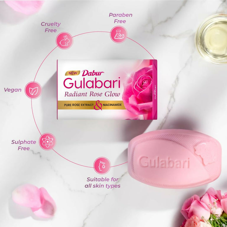 Dabur Gulabari Pure Rose Soap for Radiant Rose Glowing Skin & Body - 150 gm - Pack of 4