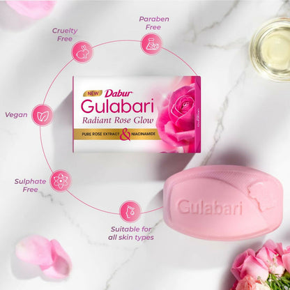 Dabur Gulabari Pure Rose Soap for Radiant Rose Glowing Skin & Body - 150 gm - Pack of 4