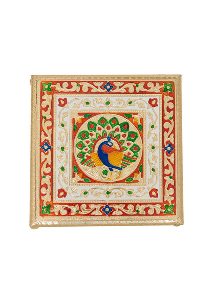 Golden Peacock Gold-Toned & Red Handcrafted Minakari Peacock Design Wooden Chowki