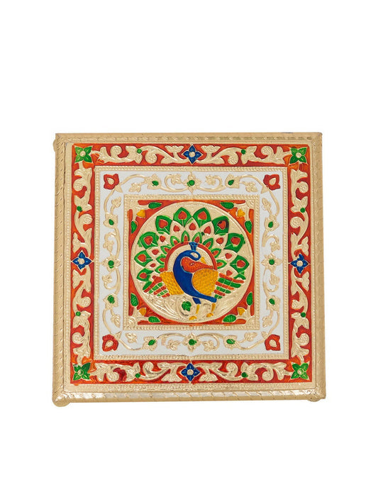 Golden Peacock Gold-Toned & Red Handcrafted Minakari Peacock Design Wooden Chowki