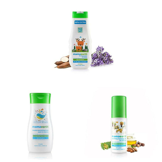 Mamaearth Dusting Powder & Soothing Massage Oil & Deeply Nourishing Wash for Babies - combo