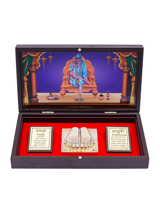 Golden Peacock Brown & Blue 24 CT Gold Foil Wooden Sri Sai Baba Pooja Box