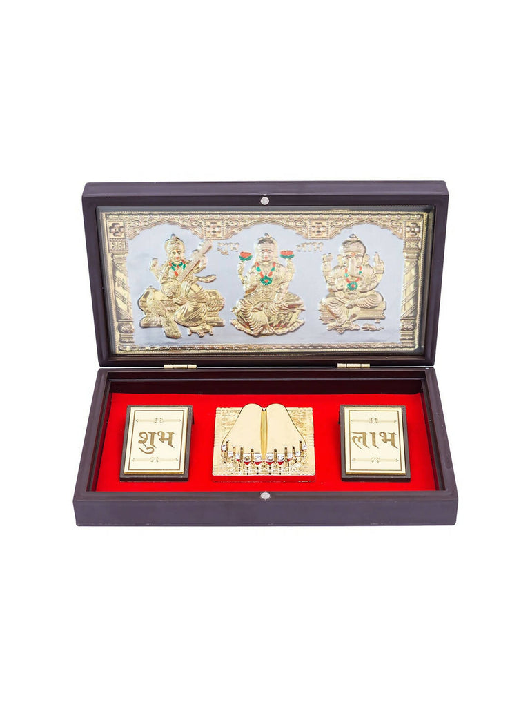Golden Peacock 24 KT Gold-Polished Laxmi, Ganesha, Saraswati Pooja Box