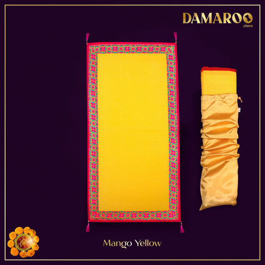 Damaroo 2x4 ft | Ornate Nylon Pooja Couple Mat | Jacquard Pink Trim & Tassels - Mango Yellow - 2x4 ft - 24 x 48 inch