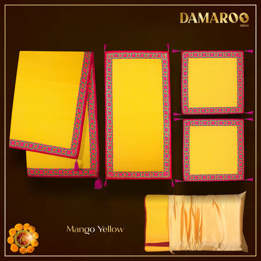 Damaroo Combo Pack of 4 | Ornate Nylon Pooja Aasan & Mat | Jacquard Pink Trim & Tassels - Mango Yellow - 2x2 ft, 2x4 ft & 4x6 ft