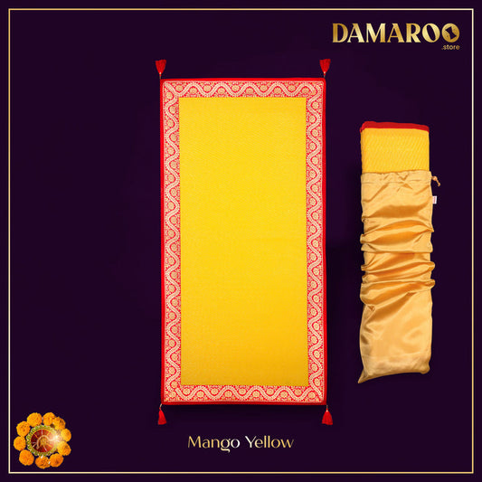 Damaroo 2x4 ft | Graceful Nylon Pooja Couple Mat | Red & Subtle Golden Trim & Tassels - Mango yellow - 2x4 ft - 24 x 48 inch