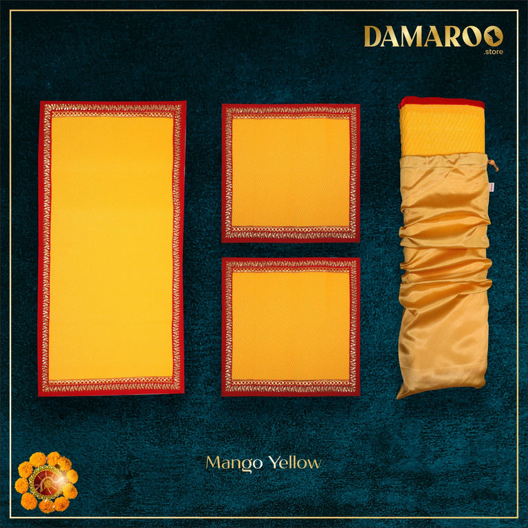 Damaroo Combo Pack of 3 | Exquisite Nylon Aasans & Mat | Red Sequins Border - Mango Yellow - 2x2 ft & 2x4 ft