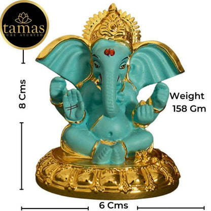 Tamas Gold-Polished Gaj Karna Ganesh Idol Flora Blue & Gold Color - 158 gm