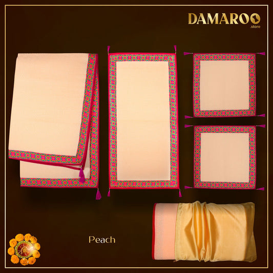 Damaroo Combo Pack of 4 | Ornate Nylon Pooja Aasan & Mat | Jacquard Pink Trim & Tassels - Peach - 2x2 ft, 2x4 ft & 4x6 ft