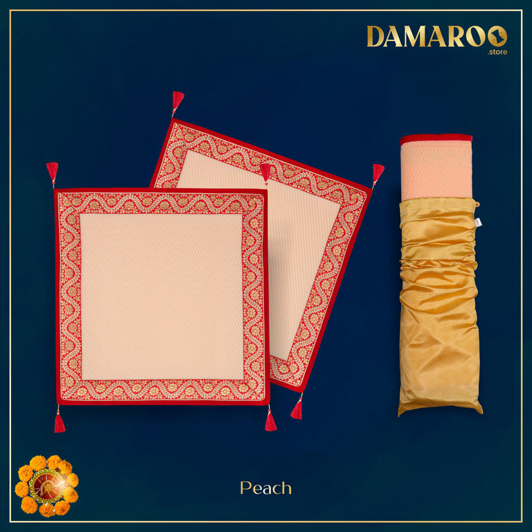 Damaroo Set of 2 | 2x2 ft | Graceful Nylon Pooja Aasan | Red & Subtle Golden Trim & Tassels - Peach - 2x2 ft - 24x24 inch