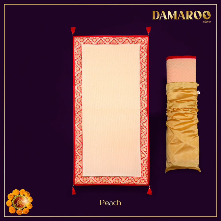 Damaroo 2x4 ft | Graceful Nylon Pooja Couple Mat | Red & Subtle Golden Trim & Tassels - Peach - 2x4 ft - 24 x 48 inch