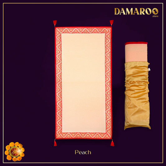 Damaroo 2x4 ft | Graceful Nylon Pooja Couple Mat | Red & Subtle Golden Trim & Tassels - Peach - 2x4 ft - 24 x 48 inch