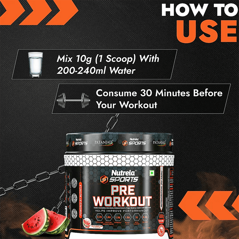 Patanjali Nutrela Sports Pre - Workout-(Watermelon) - 300 gm