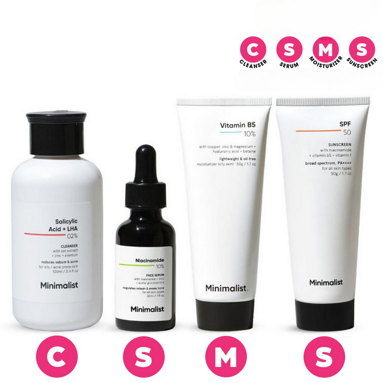 Minimalist Daily Skincare Routine CSMS (Cleanser, Serum, Moisturizer, Sunscreen) Combo For Oily & Acne Prone Skin - combo