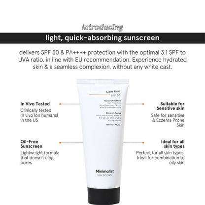 Minimalist Light Fluid Face Sunscreen with SPF 50 PA++++ - Lightweight, Water & Sweat Resistant - 50 ml