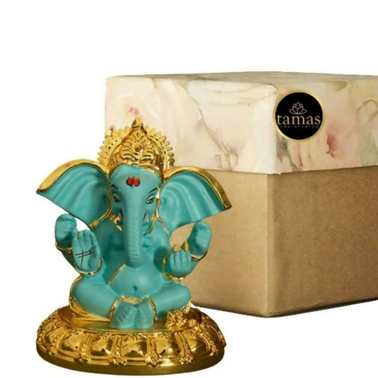 Tamas Gold-Polished Gaj Karna Ganesh Idol Flora Blue & Gold Color - 158 gm