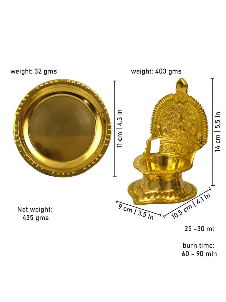 Spillbox Gold Toned Kamachi Diya With Plate Pooja Essentials
