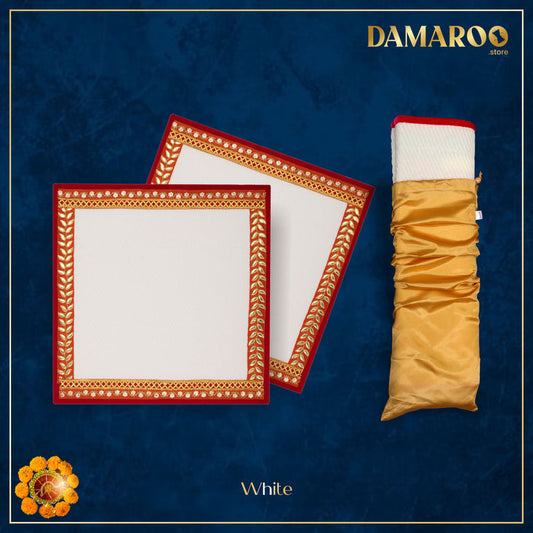 Damaroo Set of 2 | 2x2 ft | Majestic Nylon Pooja Aasan | Orange Sequins & Gotapatti Border - White - 2x2 ft - 24x24 inch