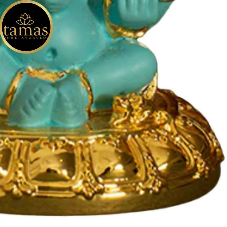 Tamas Gold-Polished Gaj Karna Ganesh Idol Flora Blue & Gold Color - 158 gm